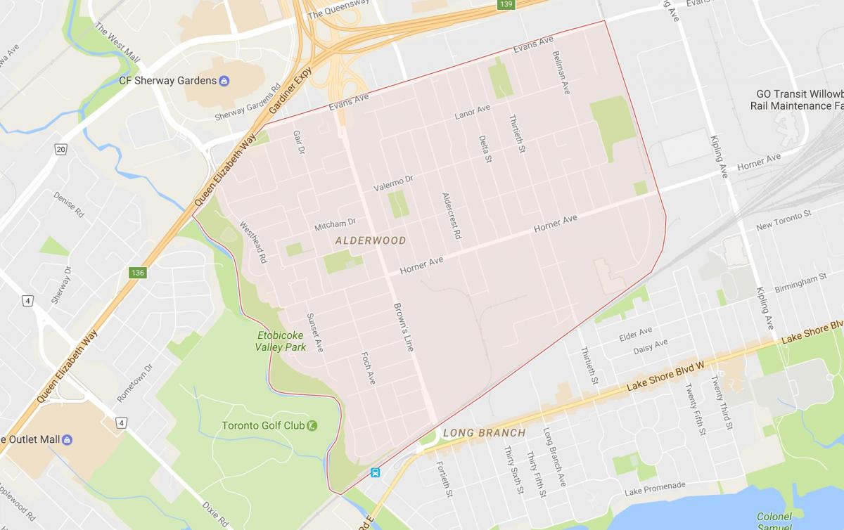 Mapa Alderwood Parkview sousedství Toronta