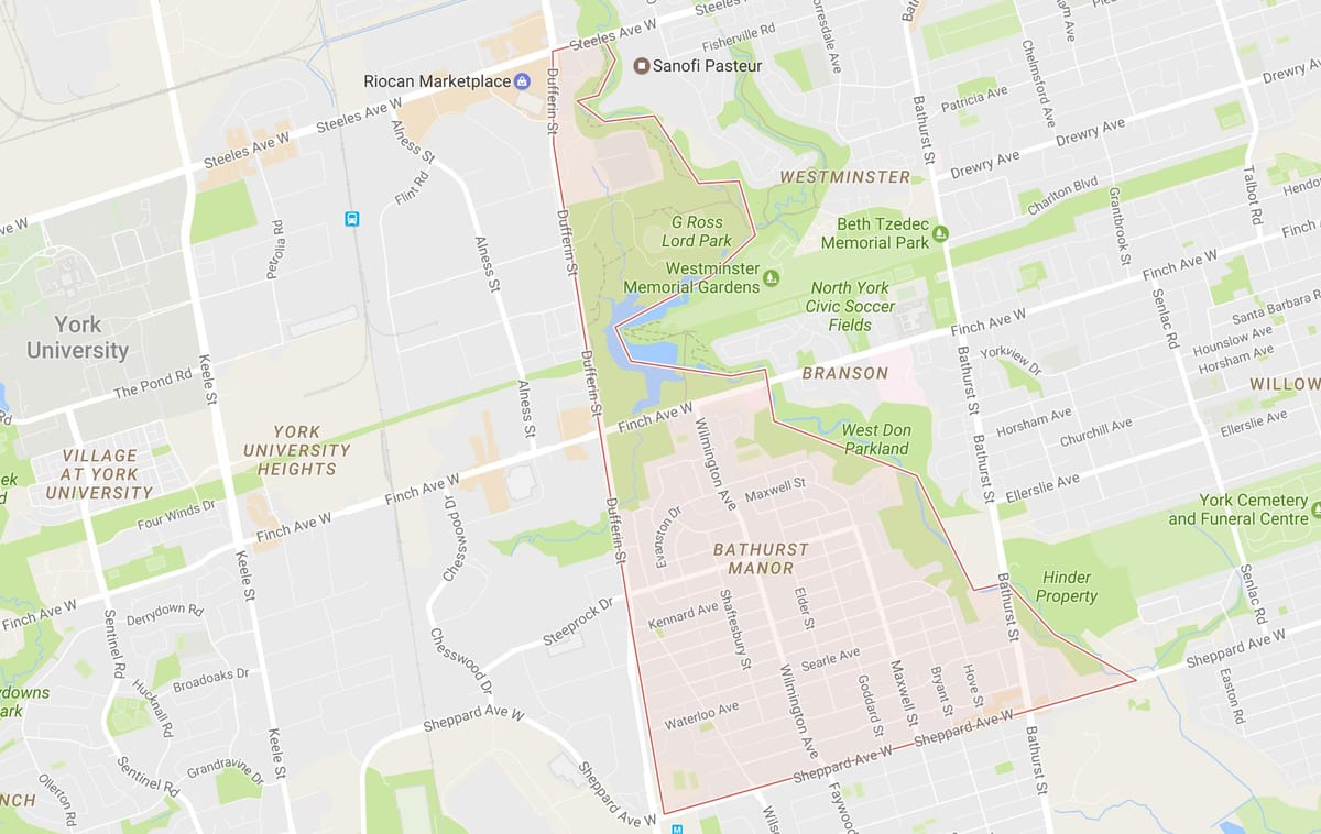 Mapa Bathurst Manor sousedství Toronta