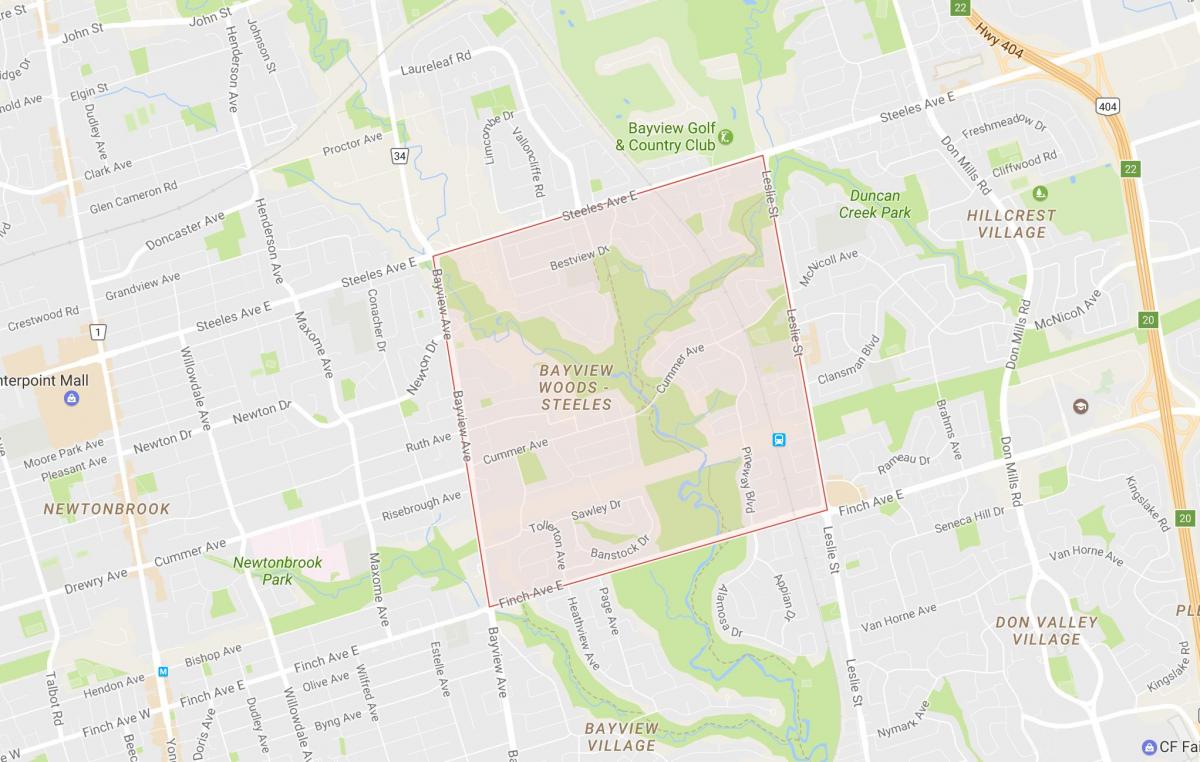 Mapa Bayview Lese – Steeles sousedství Toronta
