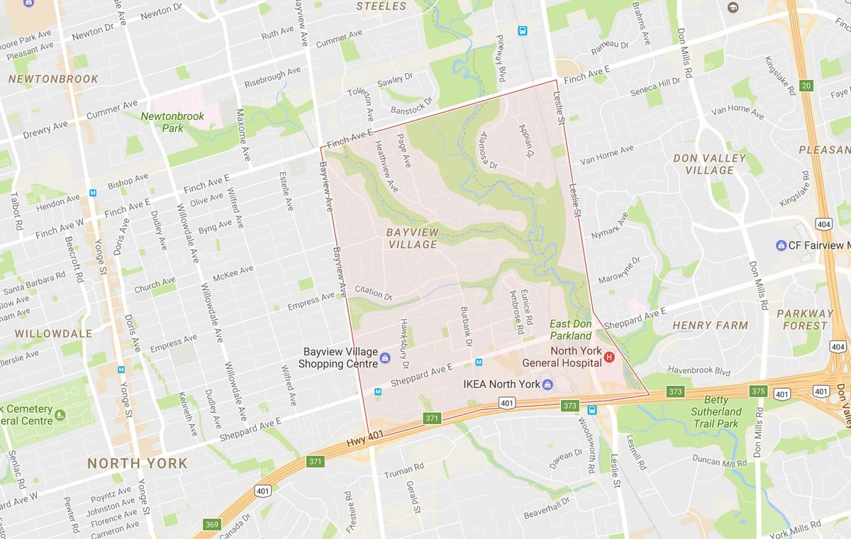 Mapa Bayview Village sousedství Toronta