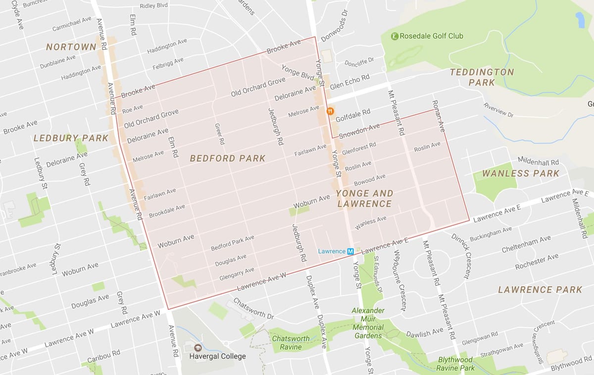 Mapa Bedford Park sousedství Toronta