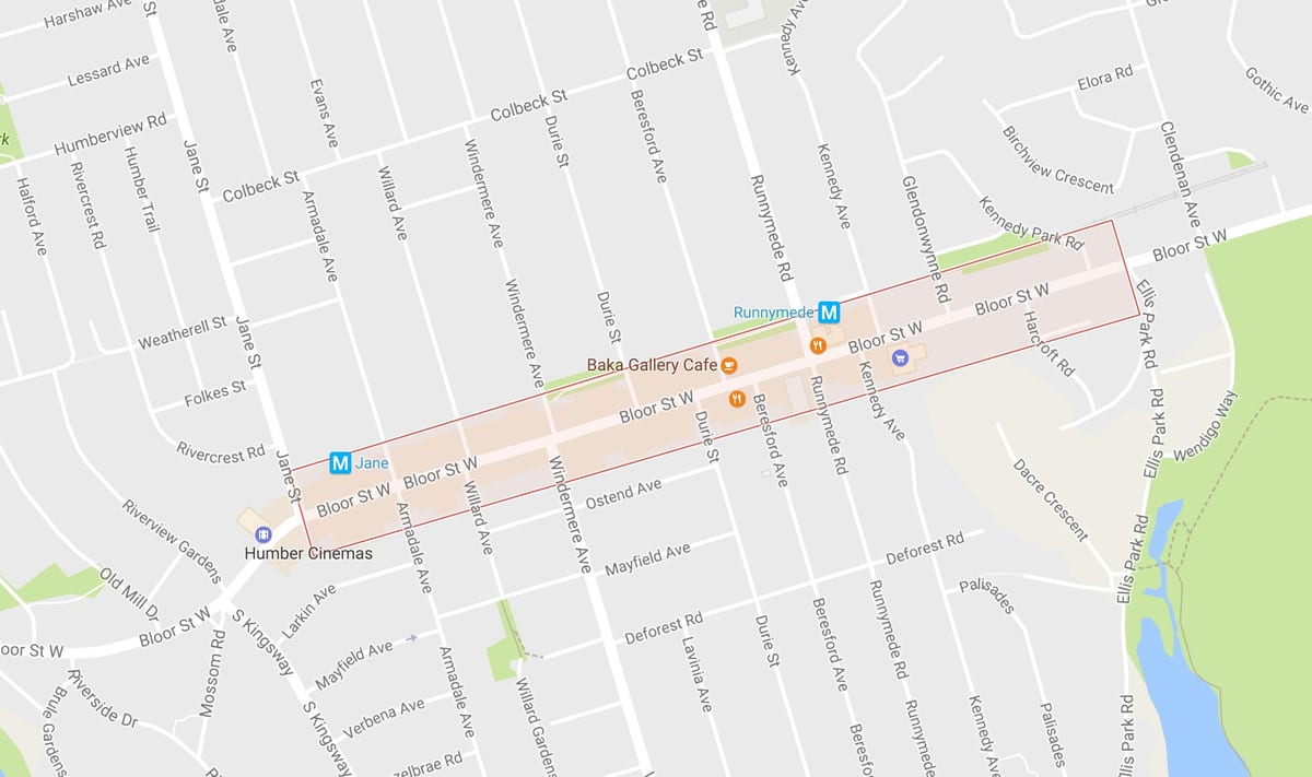 Mapa Bloor West Village, čtvrť Toronto