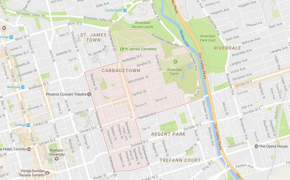 Mapa Cabbagetown sousedství Toronta