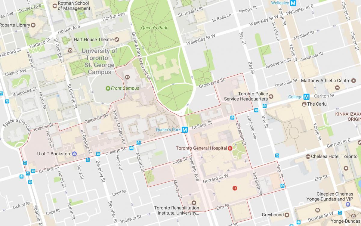 Mapa Discovery District sousedství Toronta