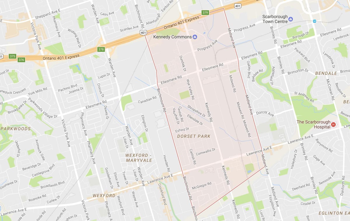 Mapa Dorset Park sousedství Toronta