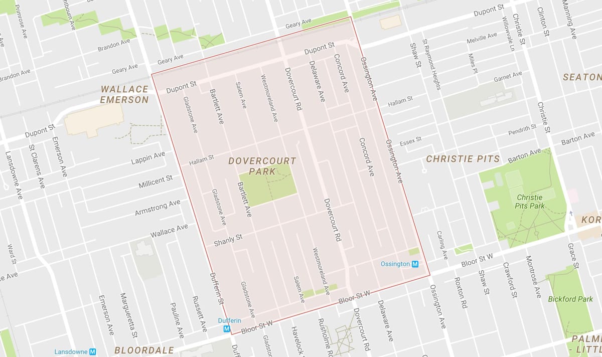 Mapa Dovercourt Park sousedství Toronta