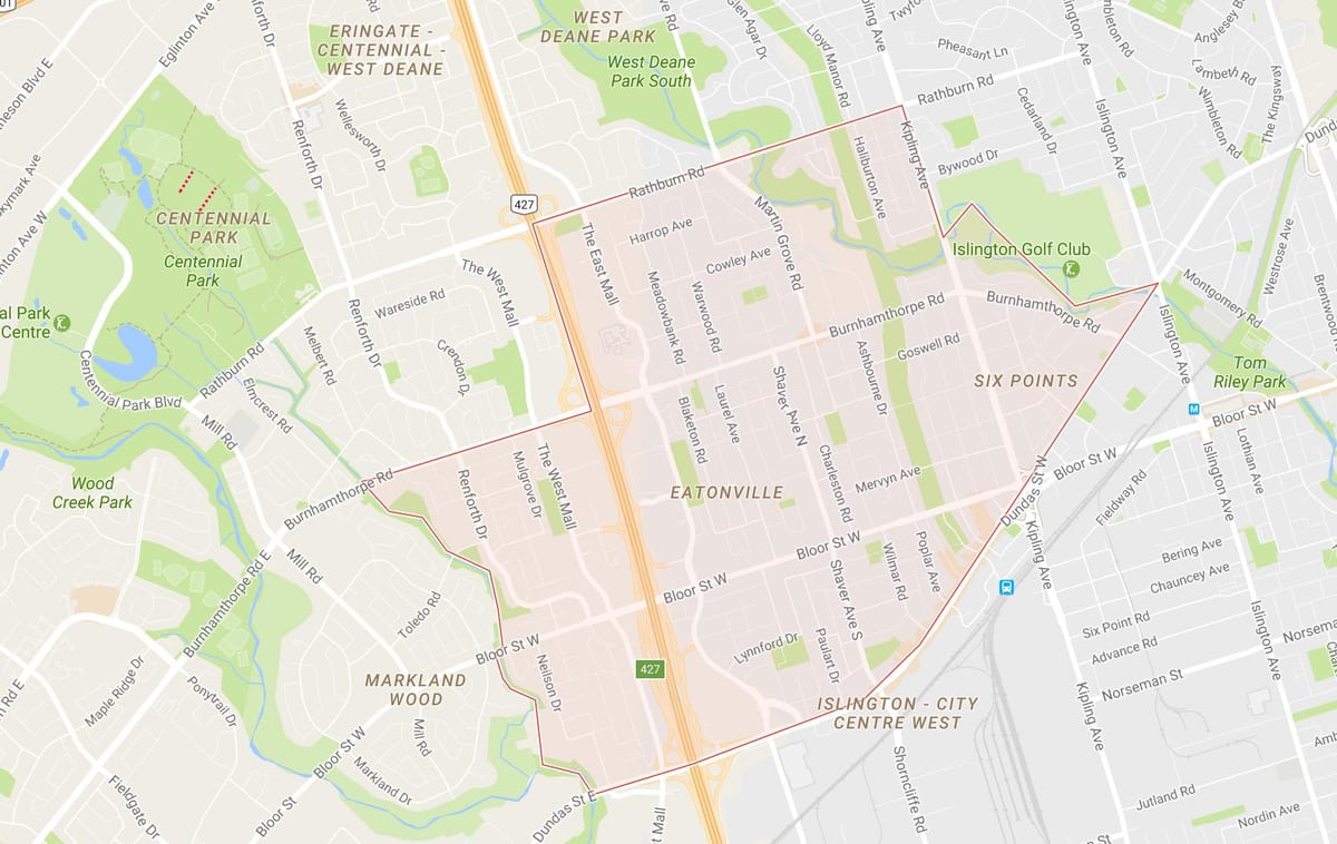 Mapa Eatonville sousedství Toronta