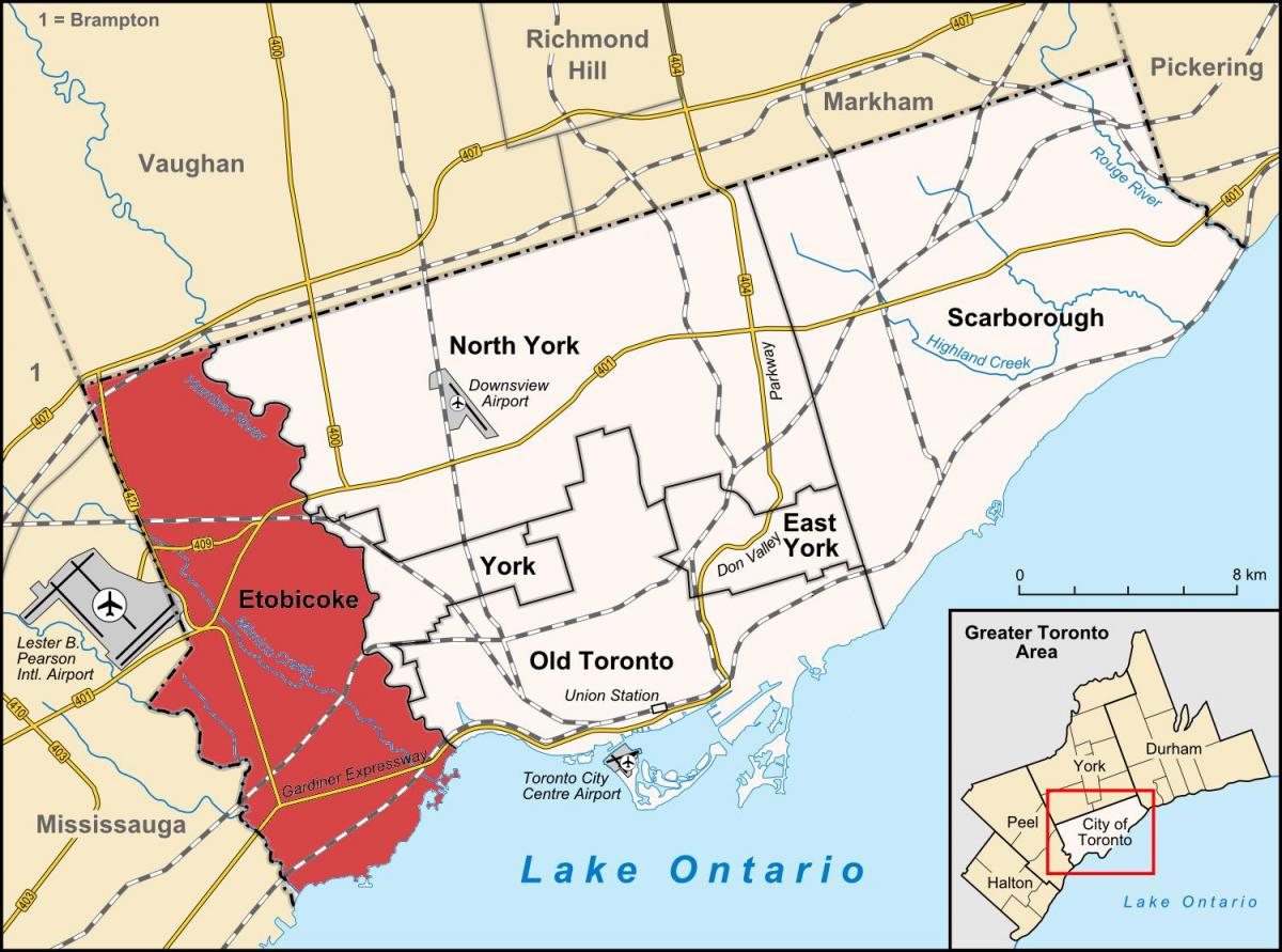 Mapa čtvrti Etobicoke Toronto