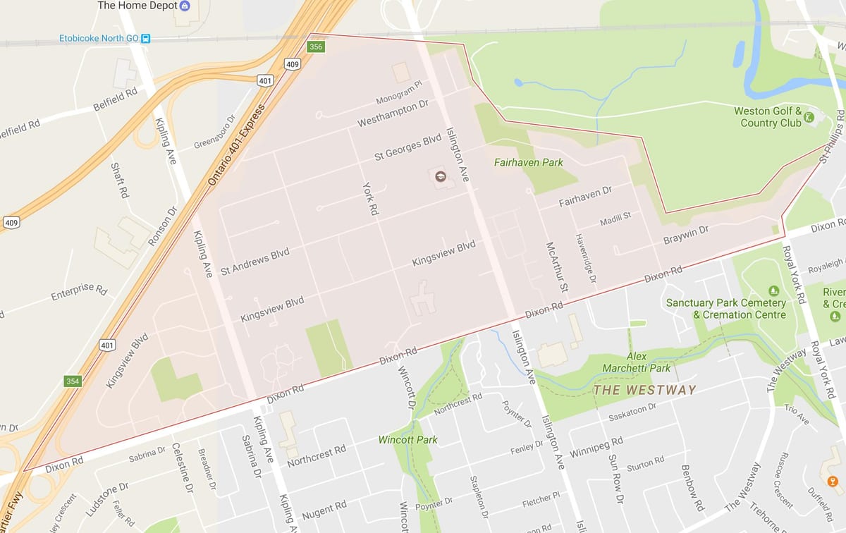 Mapa Kingsview Village sousedství Toronta