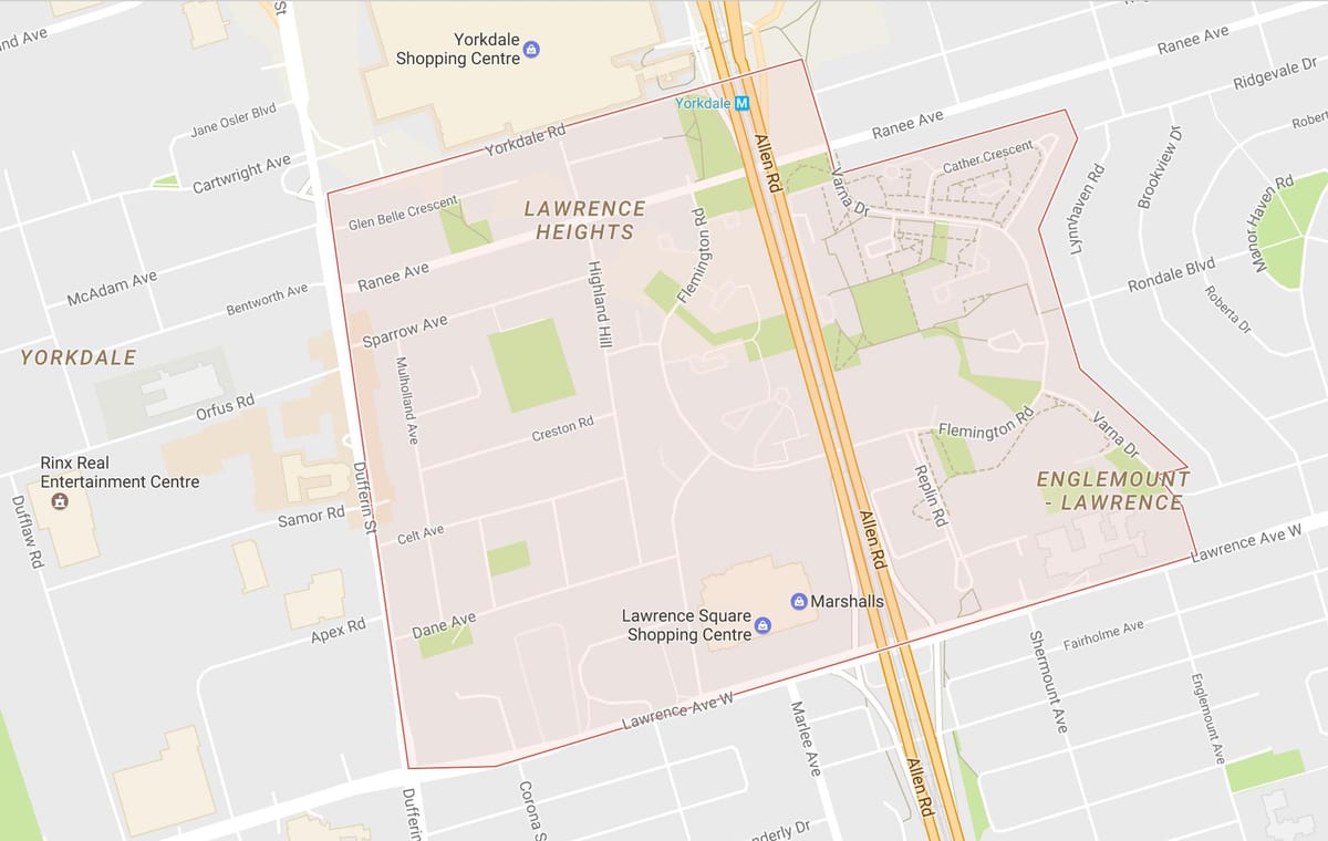 Mapa Lawrence Heights sousedství Toronta