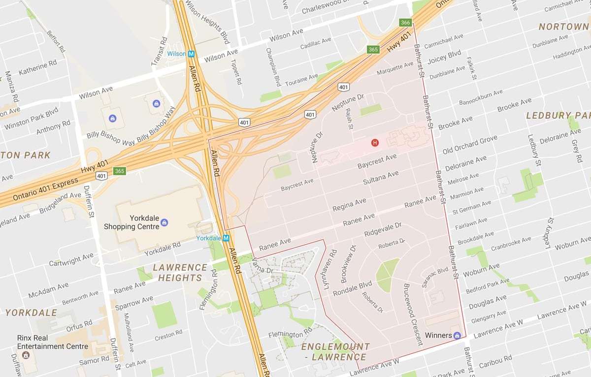 Mapa Lawrence Manor sousedství Toronta
