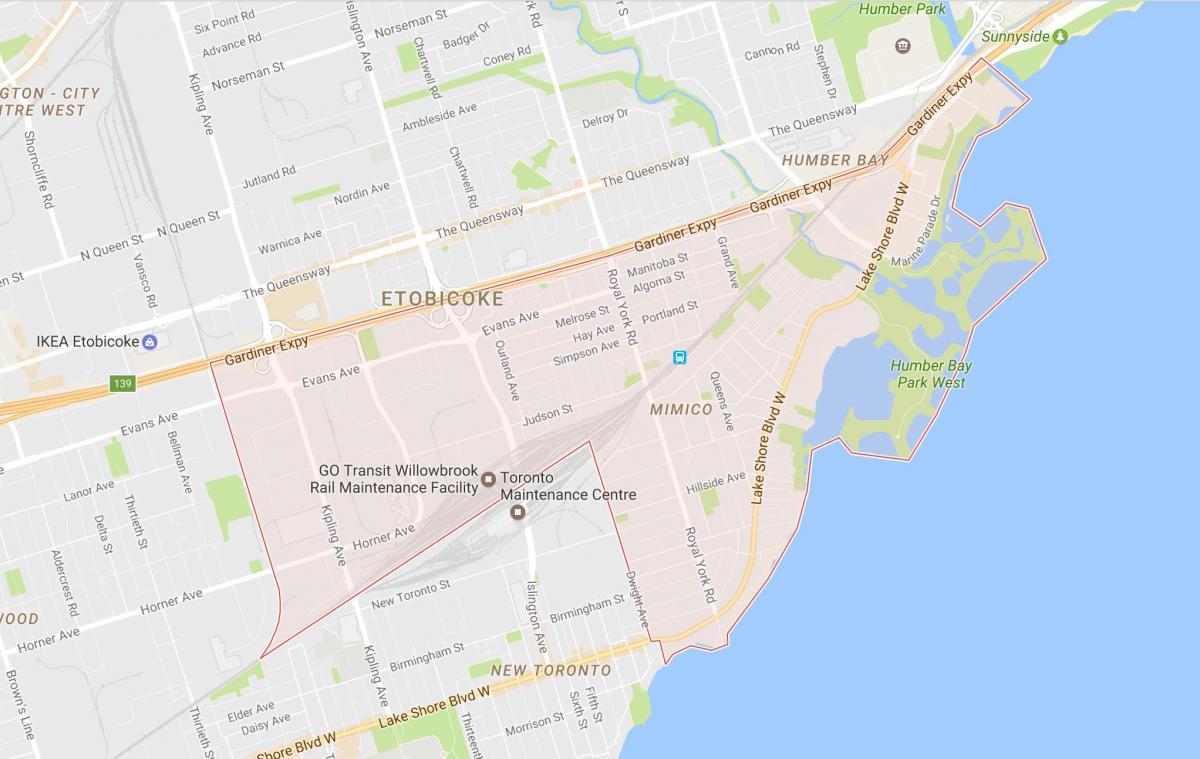 Mapa Mimico sousedství Toronta