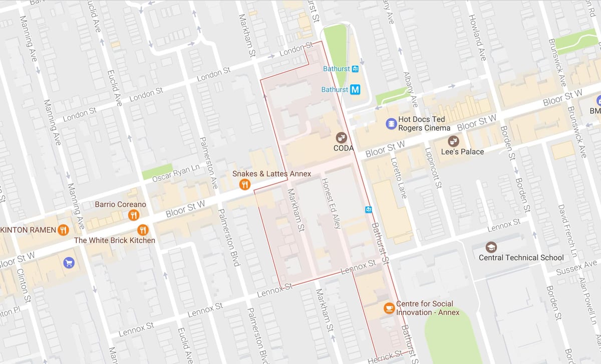 Mapa Mirvish Village sousedství Toronta
