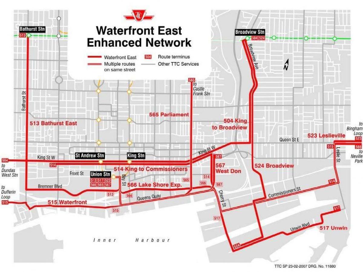 Mapa Nábřeží East enhanced network v Toronto