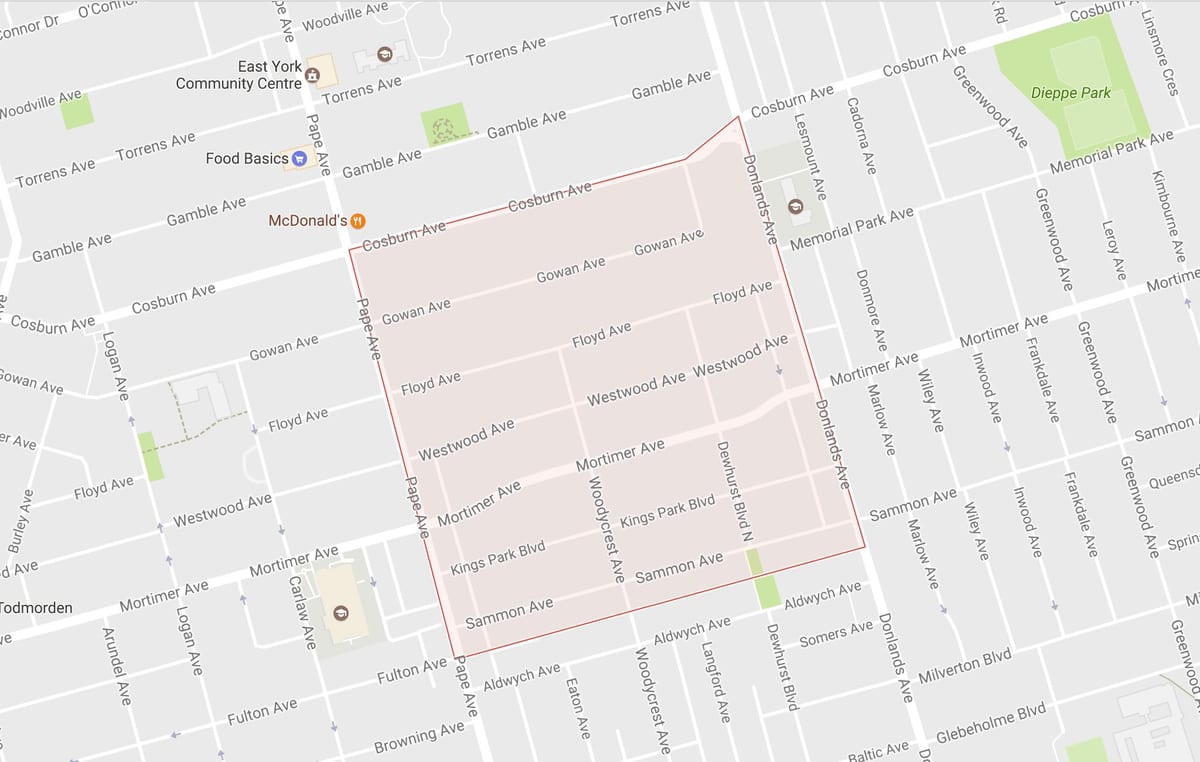 Mapa Pape Vesnice sousedství Toronta