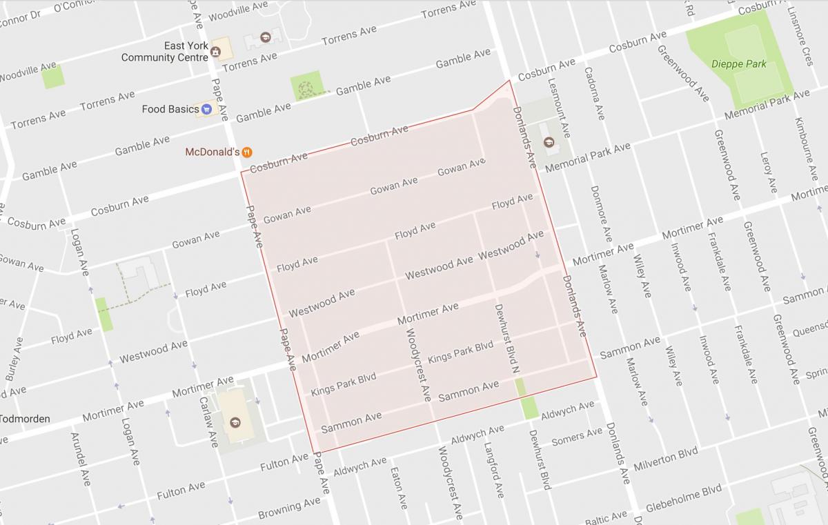Mapa Pape Vesnice sousedství Toronta