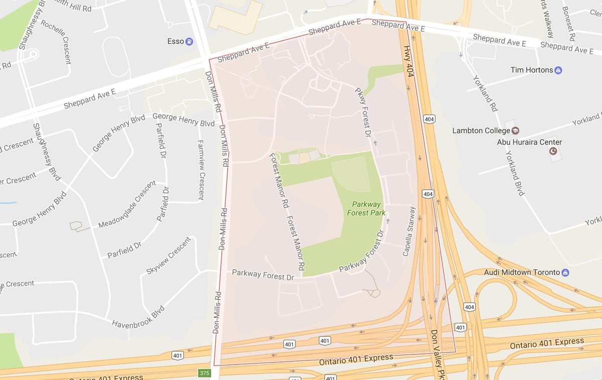 Mapa Parkway Lesní čtvrť Toronto