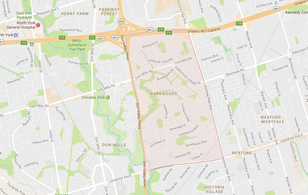 Mapa Parkwoods sousedství Toronta
