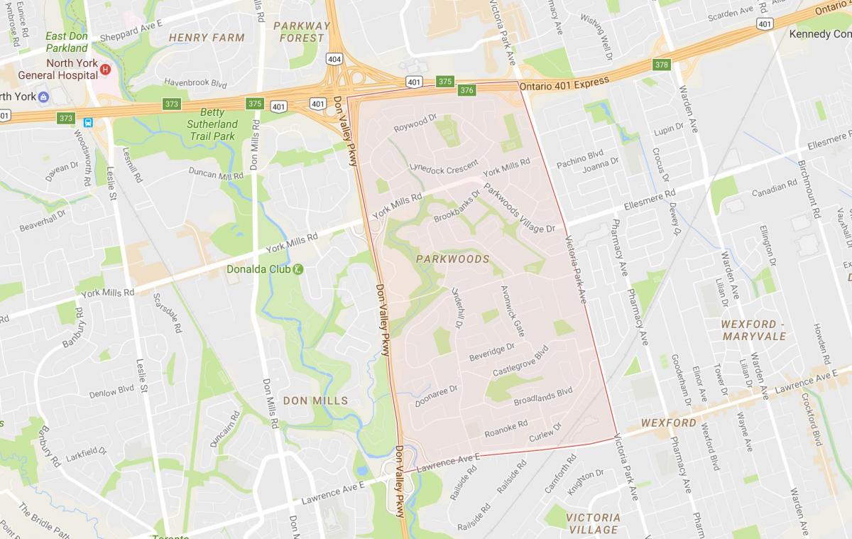 Mapa Parkwoods sousedství Toronta