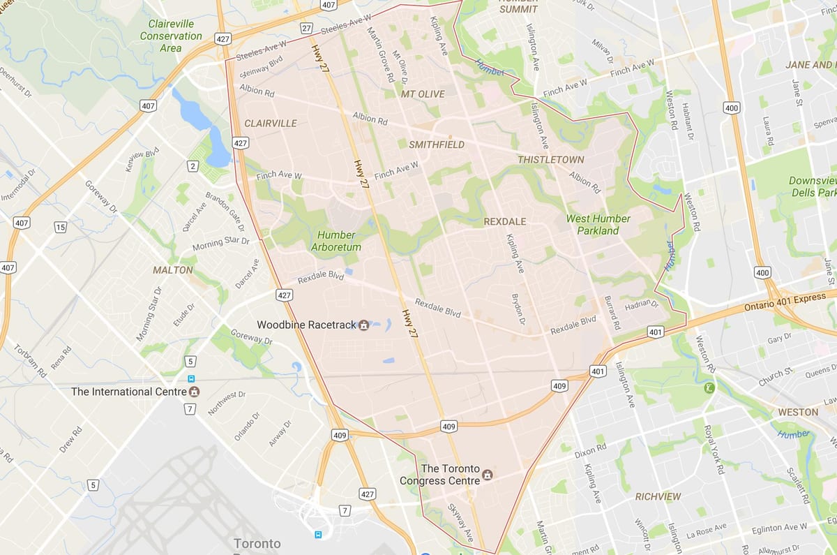 Mapa Rexdale sousedství Toronta
