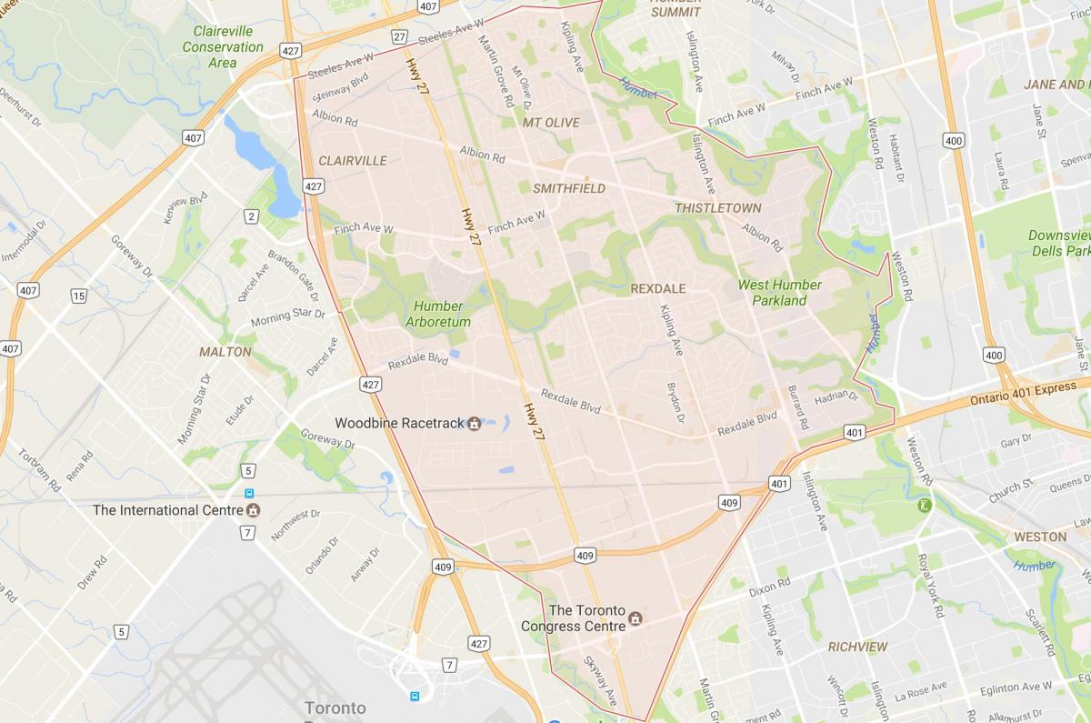 Mapa Rexdale sousedství Toronta