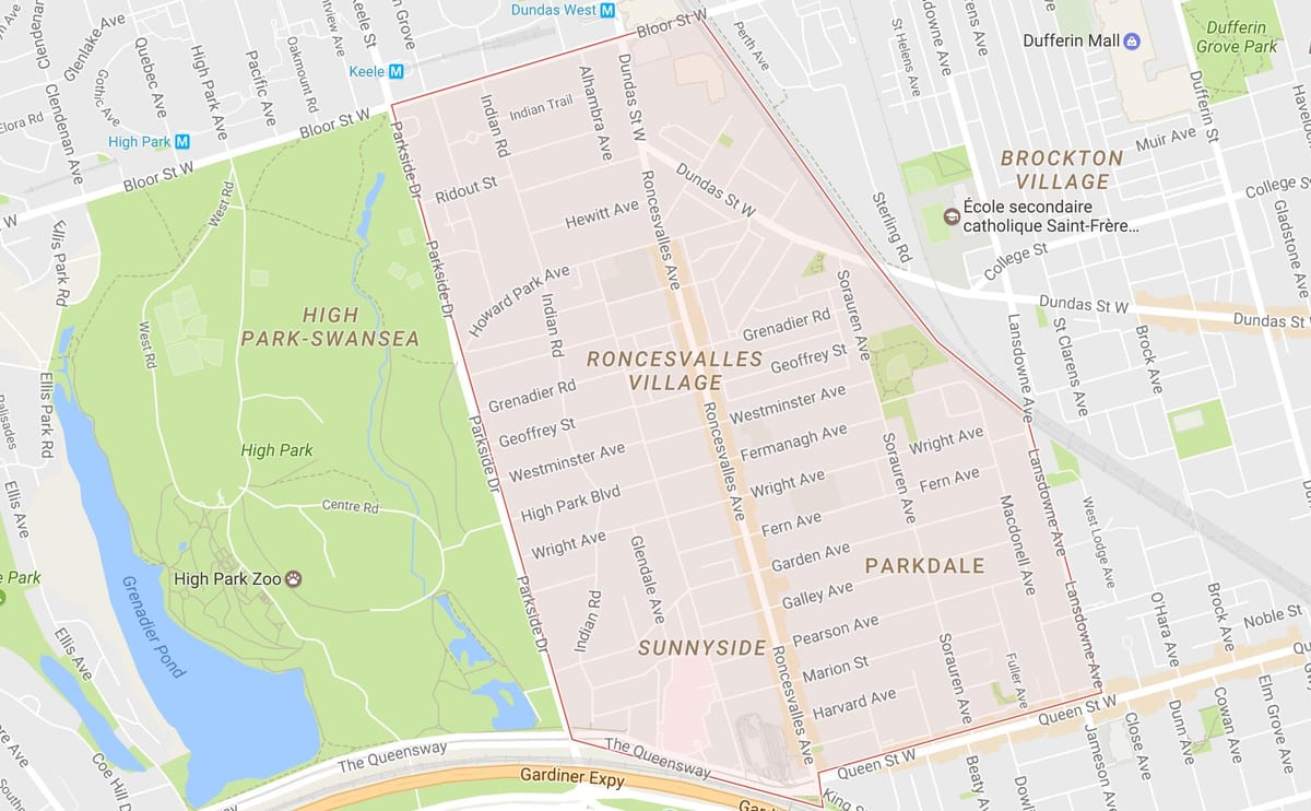 Mapa Roncesvallesu sousedství Toronta