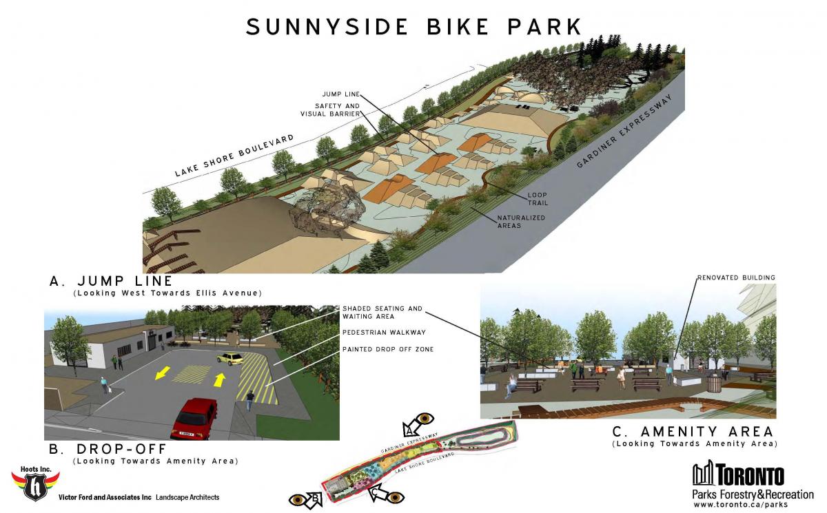 Mapa Sunnyside bike park Toronto skok line