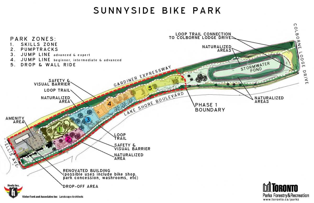 Mapa Sunnyside Bike Park pásmu Toronta
