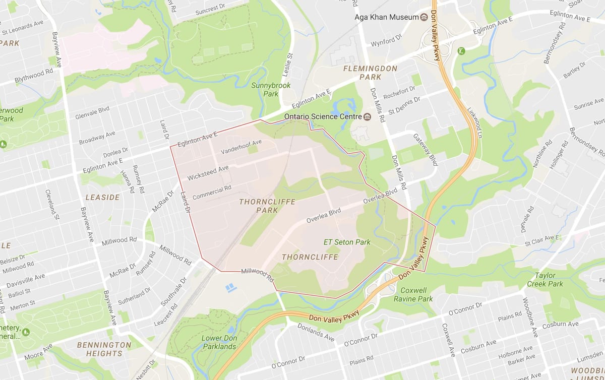 Mapa Thorncliffe Park sousedství Toronta
