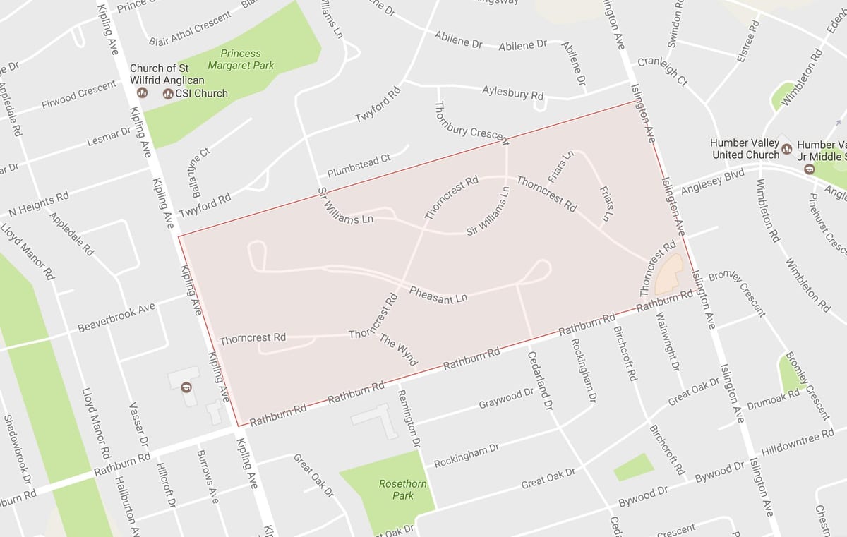 Mapa Thorncrest Vesnice, sousedství, čtvrť Toronto