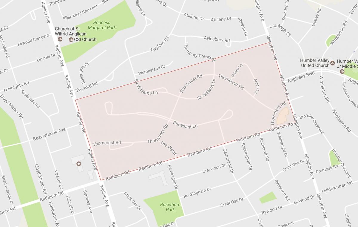 Mapa Thorncrest Vesnice, sousedství, čtvrť Toronto