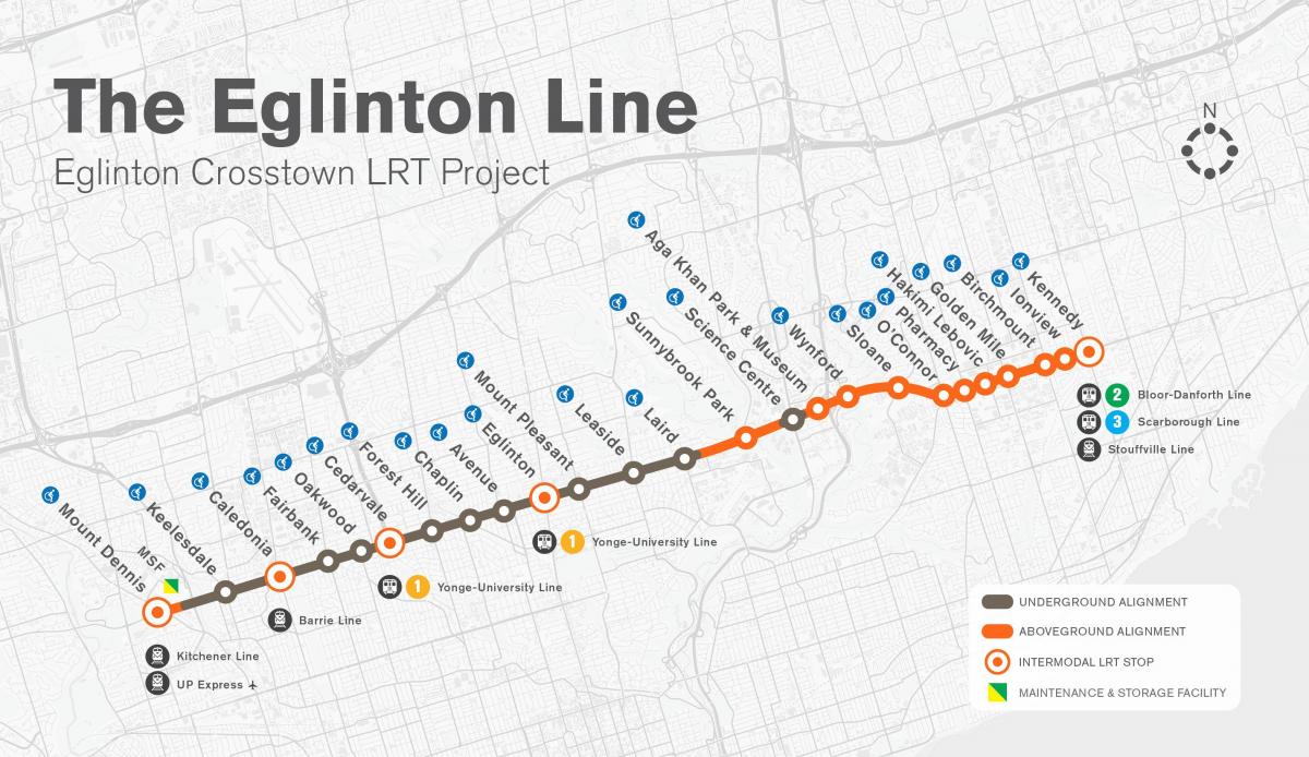 Mapa Toronto metra Eglinton line projekt