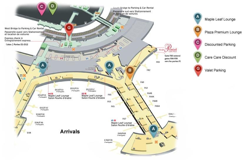 Mapa Toronto Pearson mezinárodní letiště příletové terminál