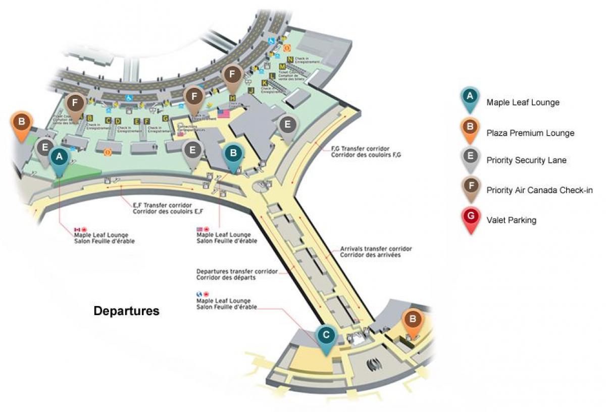 Mapa Toronto Pearson mezinárodní letiště odletů terminálu