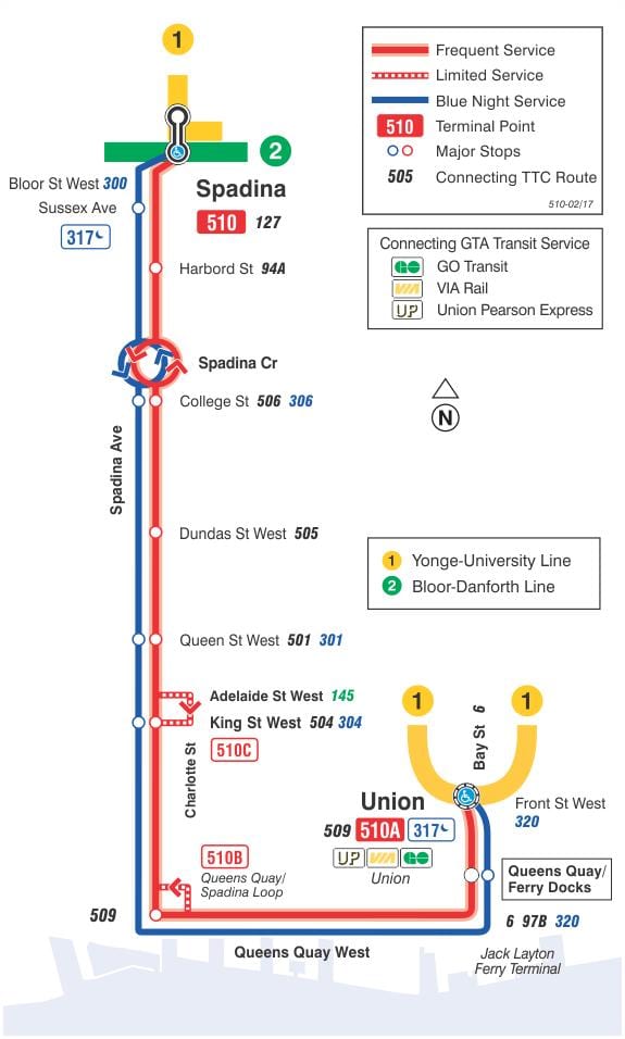 Mapa tramvajová linka 510 Spadina