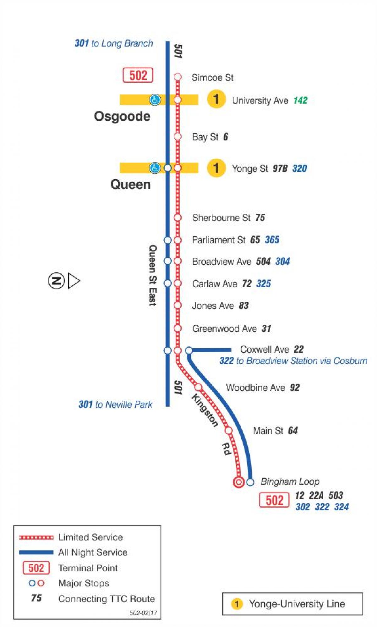 Mapa tramvajová linka 502 Downtowner