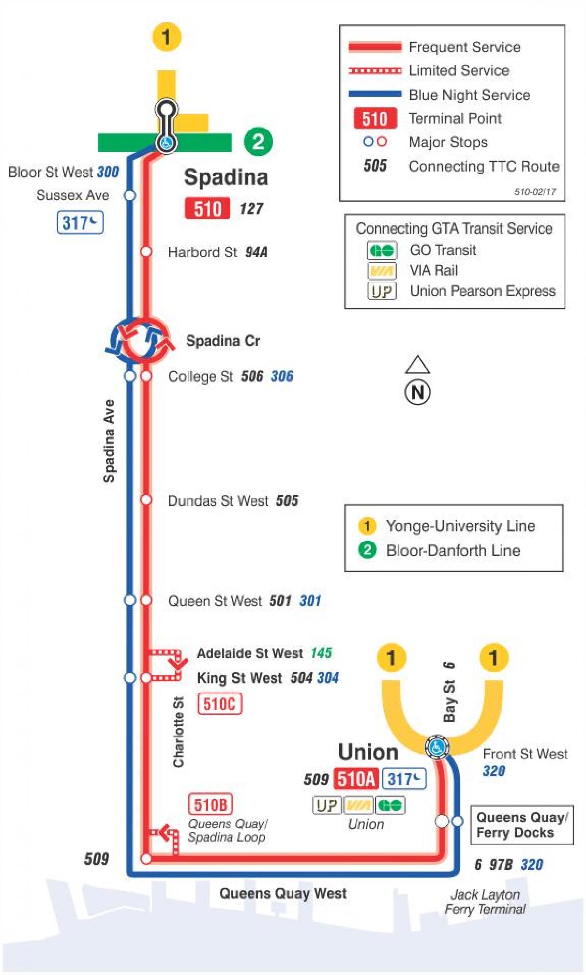 Mapa tramvajová linka 510 Spadina