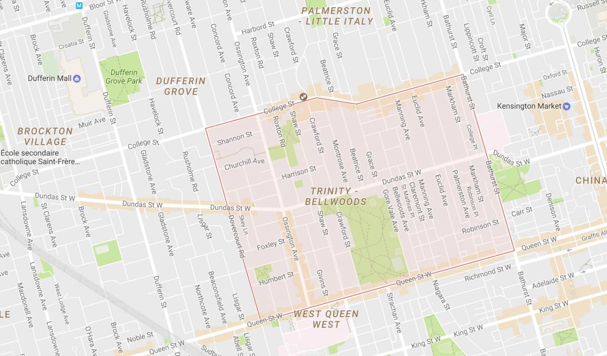 Mapa Trojice–Bellwoods sousedství Toronta