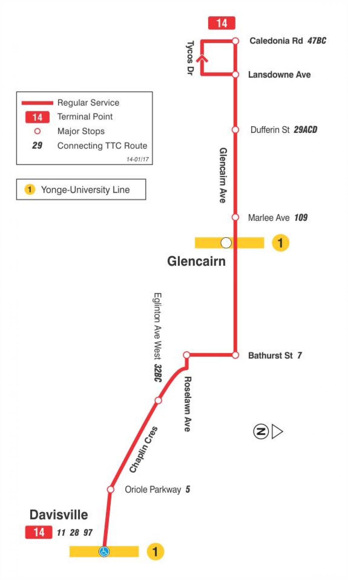 Mapa TTC 14 Glencairn autobusová linka Toronto