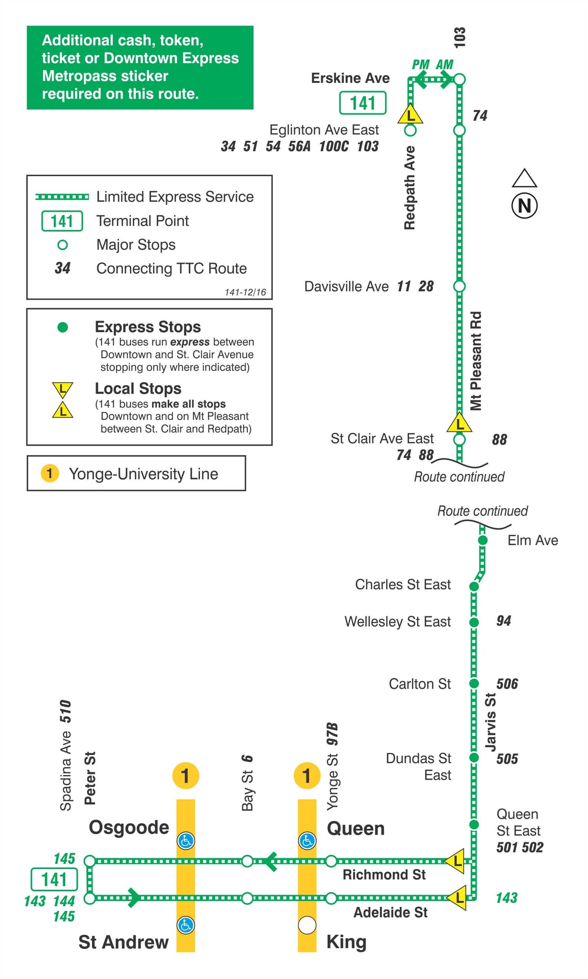 Mapa TTC 141 Downtown / Mt Pleasant Expresní autobusová linka Toronto