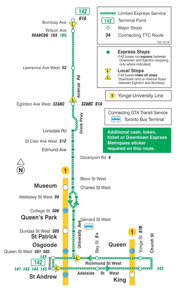 Mapa TTC 142 Downtown / Avenue Rd Expresní autobusová linka Toronto
