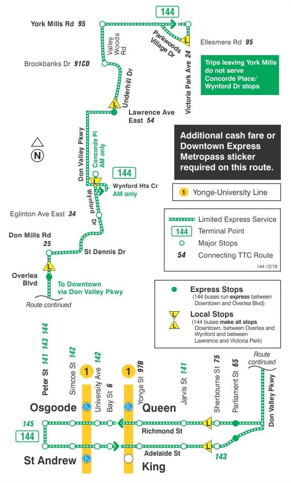 Mapa TTC 144 Downtown / Don Valley Expresní autobusová linka Toronto