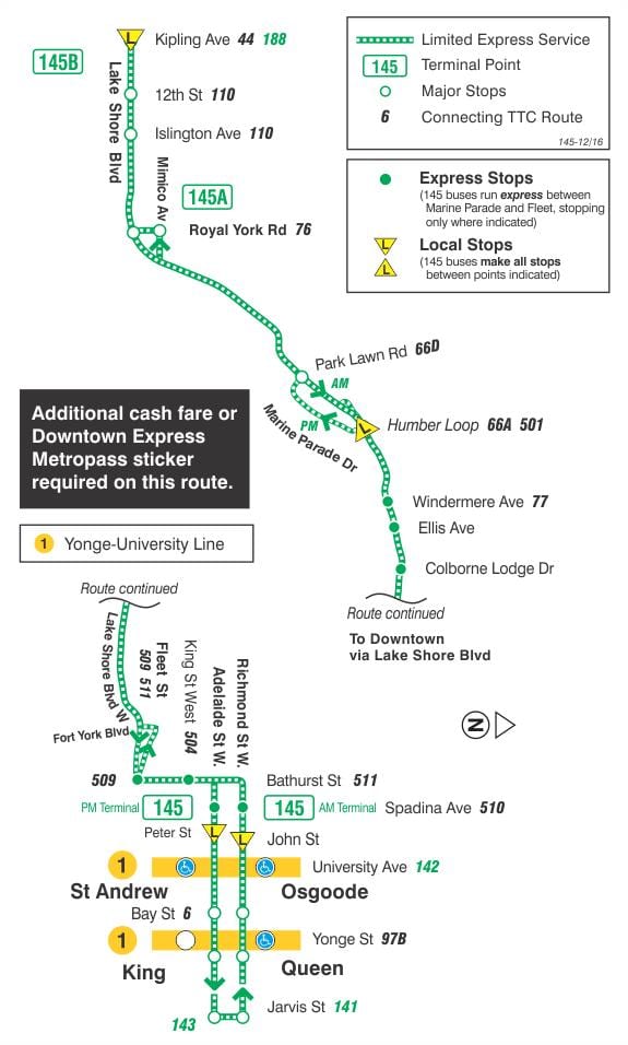 Mapa TTC 145 Downtown / Humber Bay Expresní autobusová linka Toronto