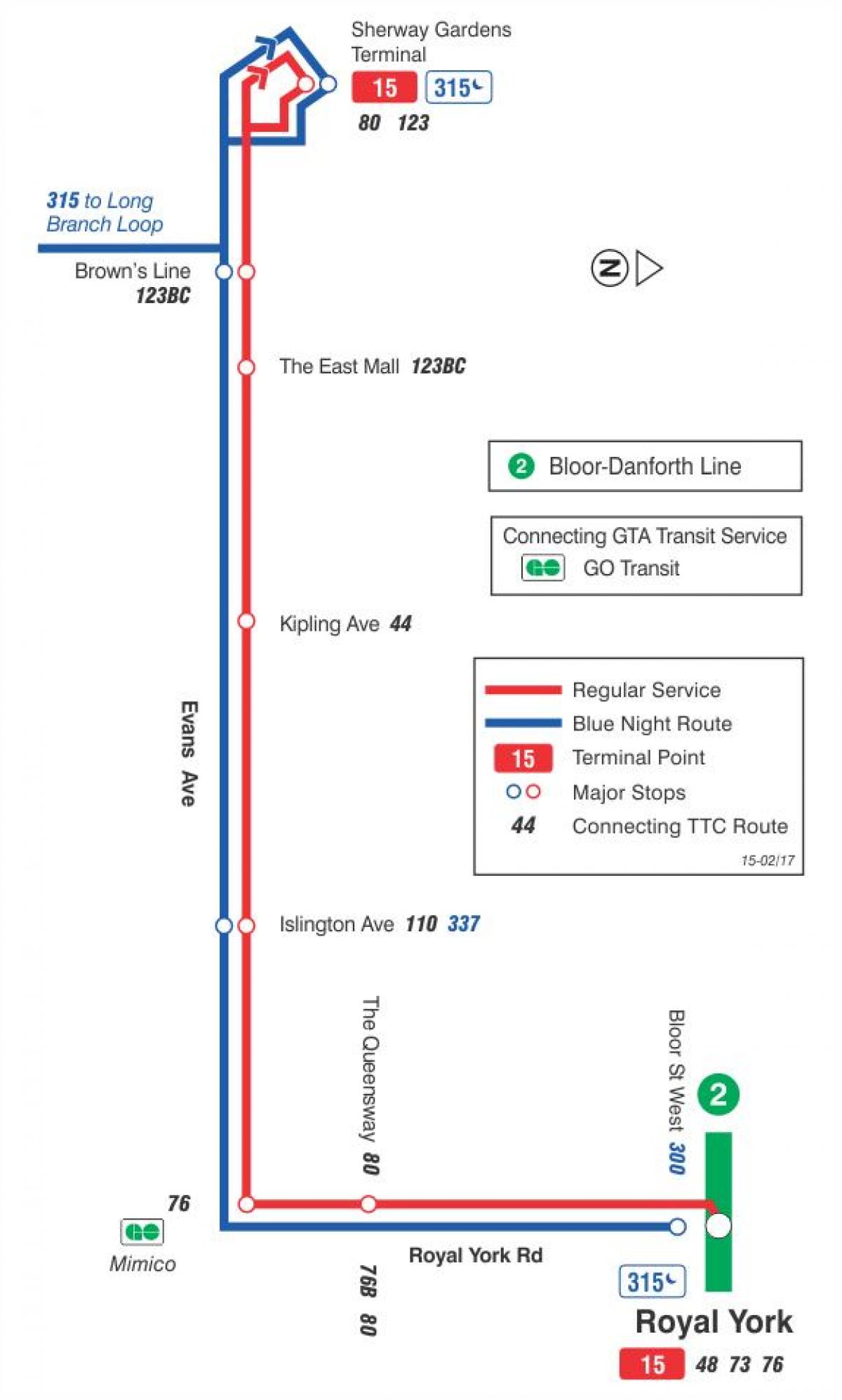 Mapa TTC 15 Evans autobusová linka Toronto