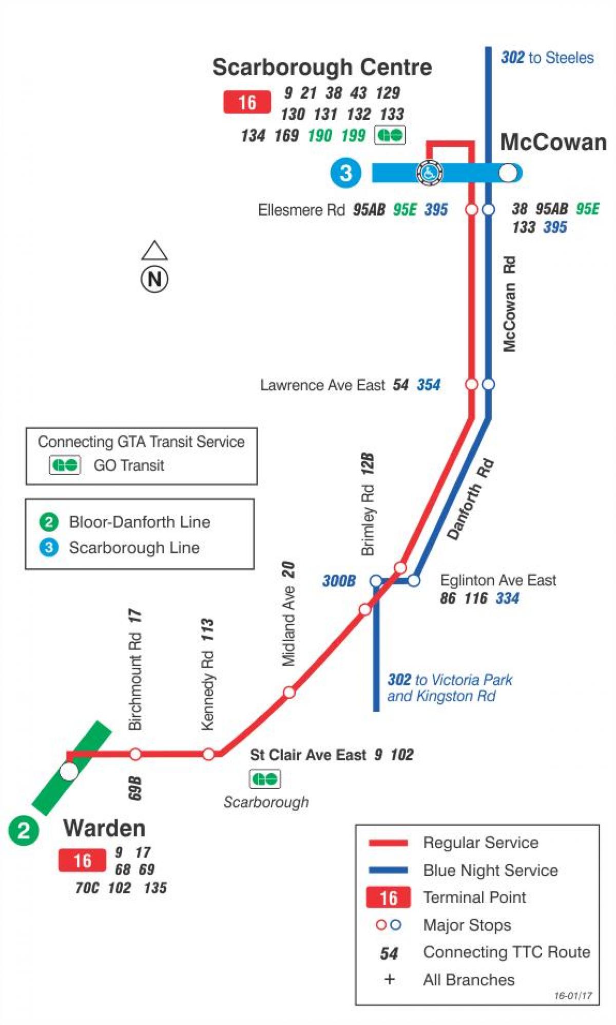 Mapa TTC 16 McCowan autobusová linka Toronto