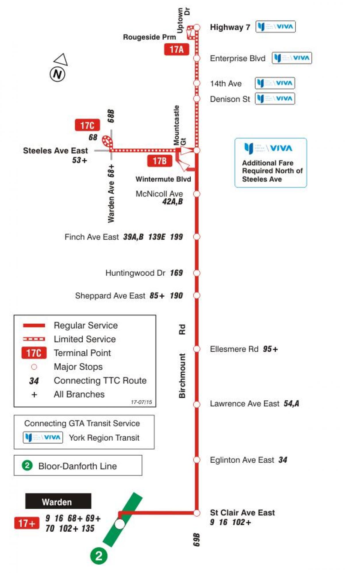 Mapa TTC 17 Birchmount autobusová linka Toronto