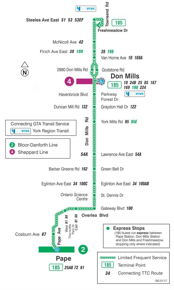 Mapa TTC 185 Don Mills Raketa autobusová linka Toronto