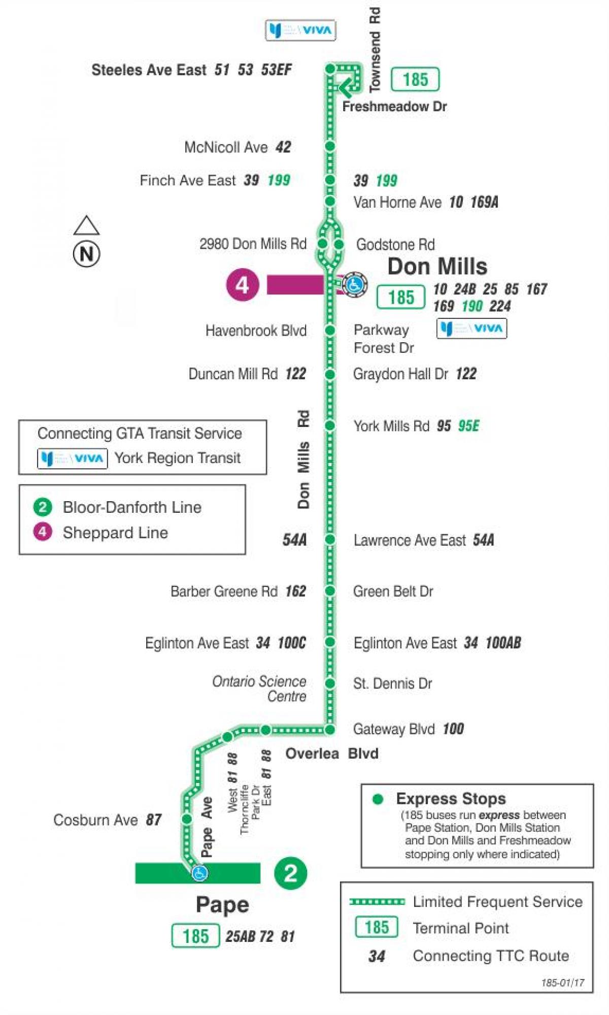 Mapa TTC 185 Don Mills Raketa autobusová linka Toronto