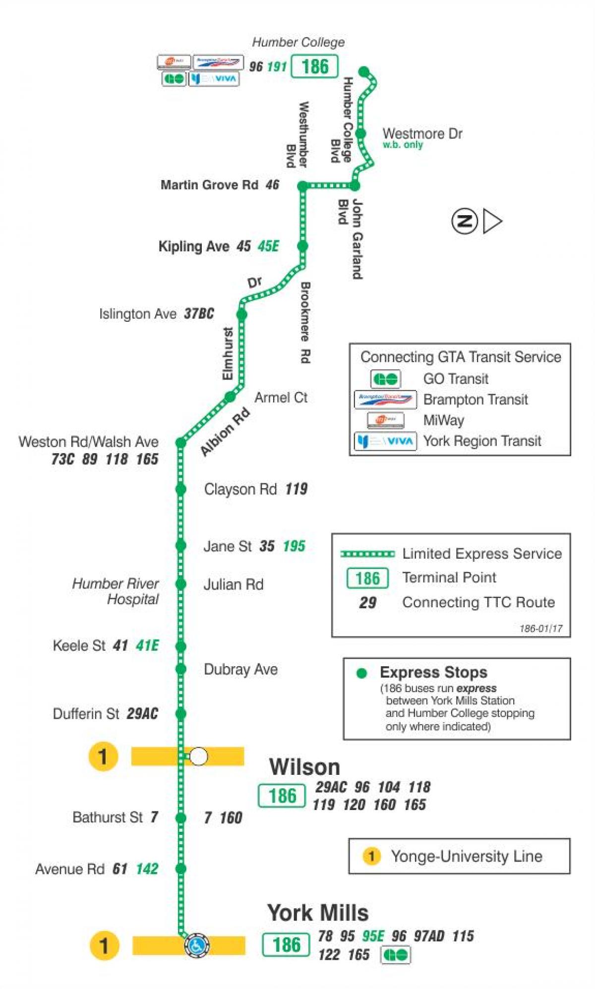 Mapa TTC 186 Wilson Raketa autobusová linka Toronto