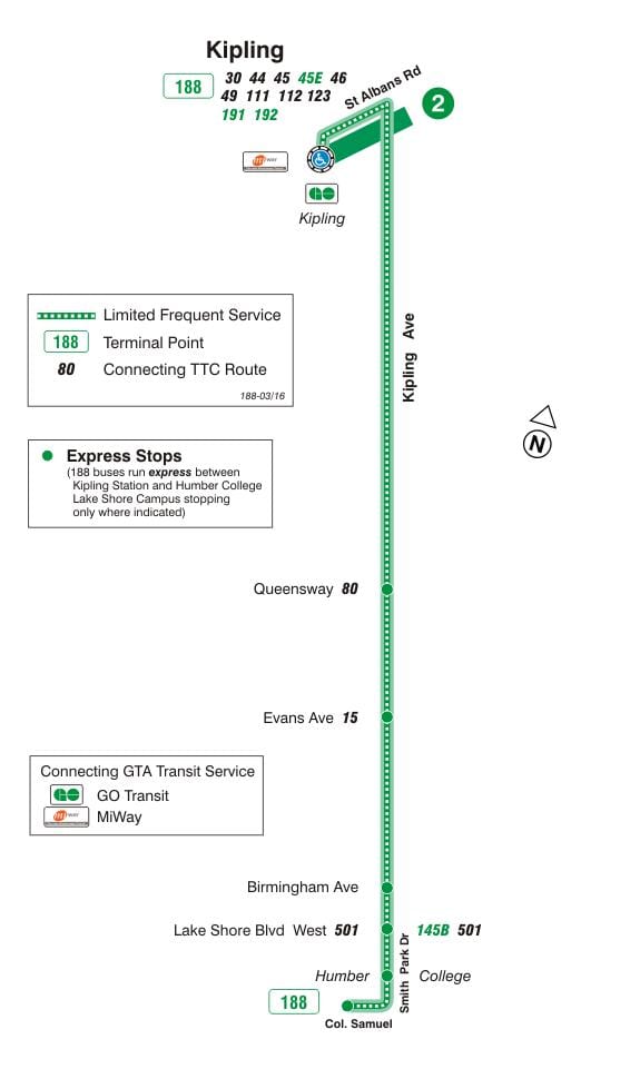 Mapa TTC 188 Kipling Jižní Raketa autobusová linka Toronto